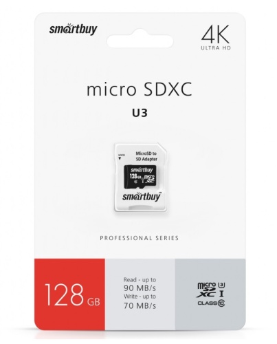 Micro SDXC карта памяти 128ГБ SmartBuy PRO U3 R/W:90/70 MB/s class 10 (с адаптером)