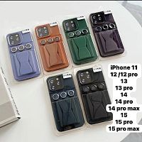 Чехол iPhone 13 Pro с подставкой, отделом для карт и защитными стелами на камеру (сиреневый)